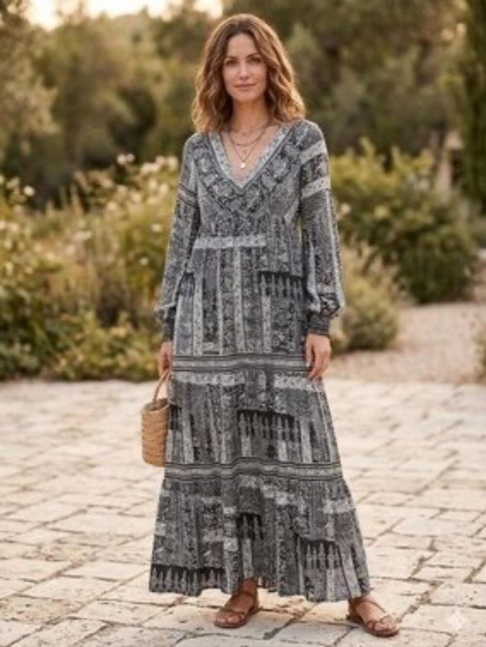 Wonderly Black And White Paisley Tiered  Maxi Dress